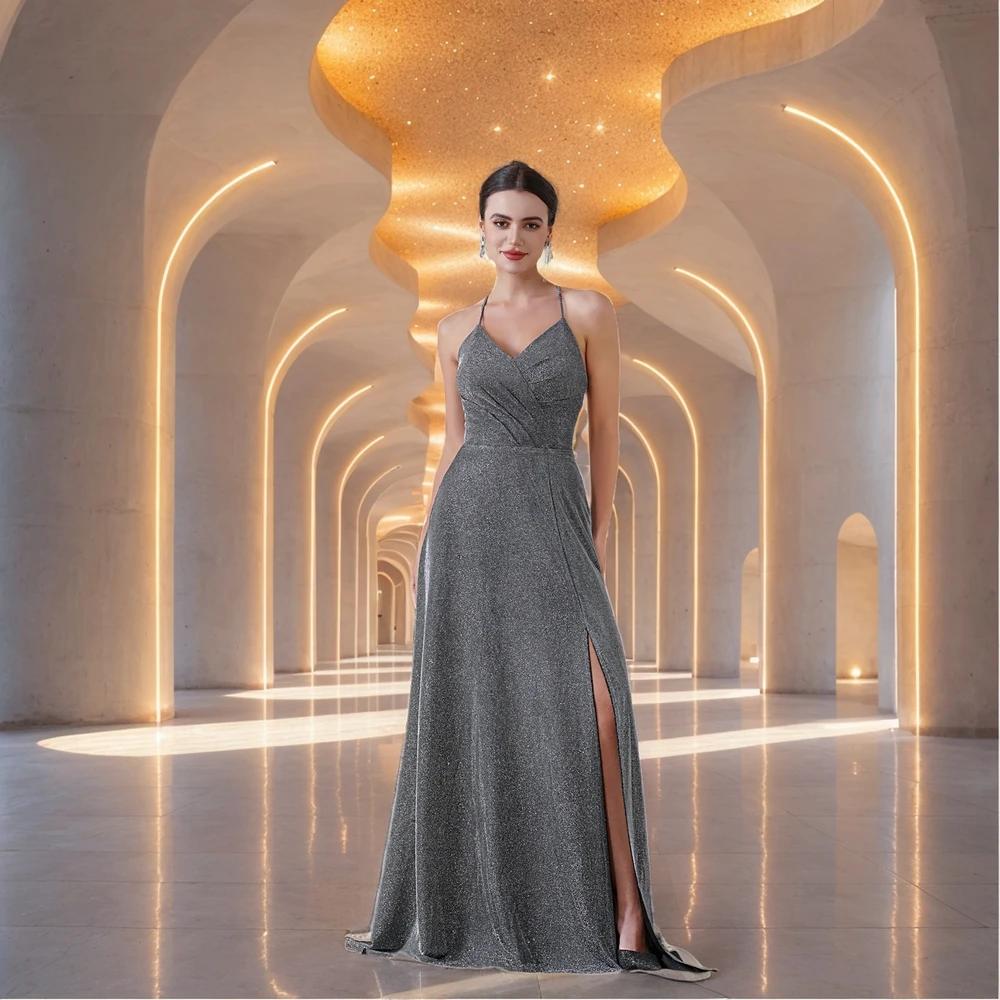 

Элегантные серые платья для выпускного вечера с V-образным вырезом и высоким разрезом, сверкающее платье трапециевидной формы для официальных танцев, дизайн с открытой спиной и бретельками