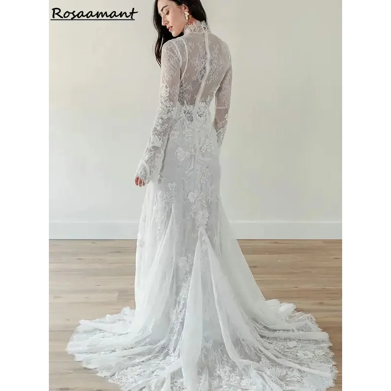 Vintage alta pescoço manga longa sereia vestidos de casamento ilusão apliques rendas boho vestidos de noiva