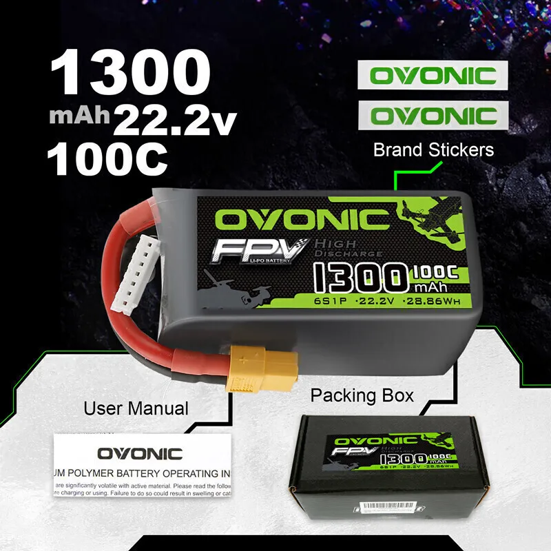 Original OVONIC 1300mAh 22.2V 100C แบตเตอรี่ Lipo สําหรับเฮลิคอปเตอร์ RC Quadcopter FPV Racing Drone อะไหล่ XT60 ปลั๊กแบตเตอรี่