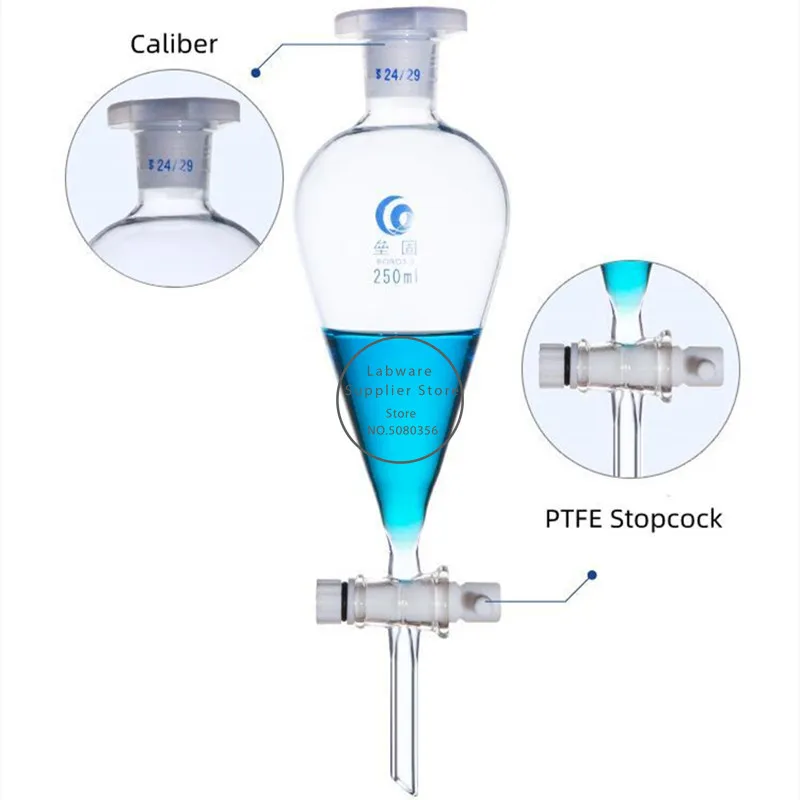 Loikaw embudo de separación en forma de pera de vidrio para laboratorio, 1 unidad, con pistón de vidrio/PTFE, 60/125/250/500/1000/2000ml