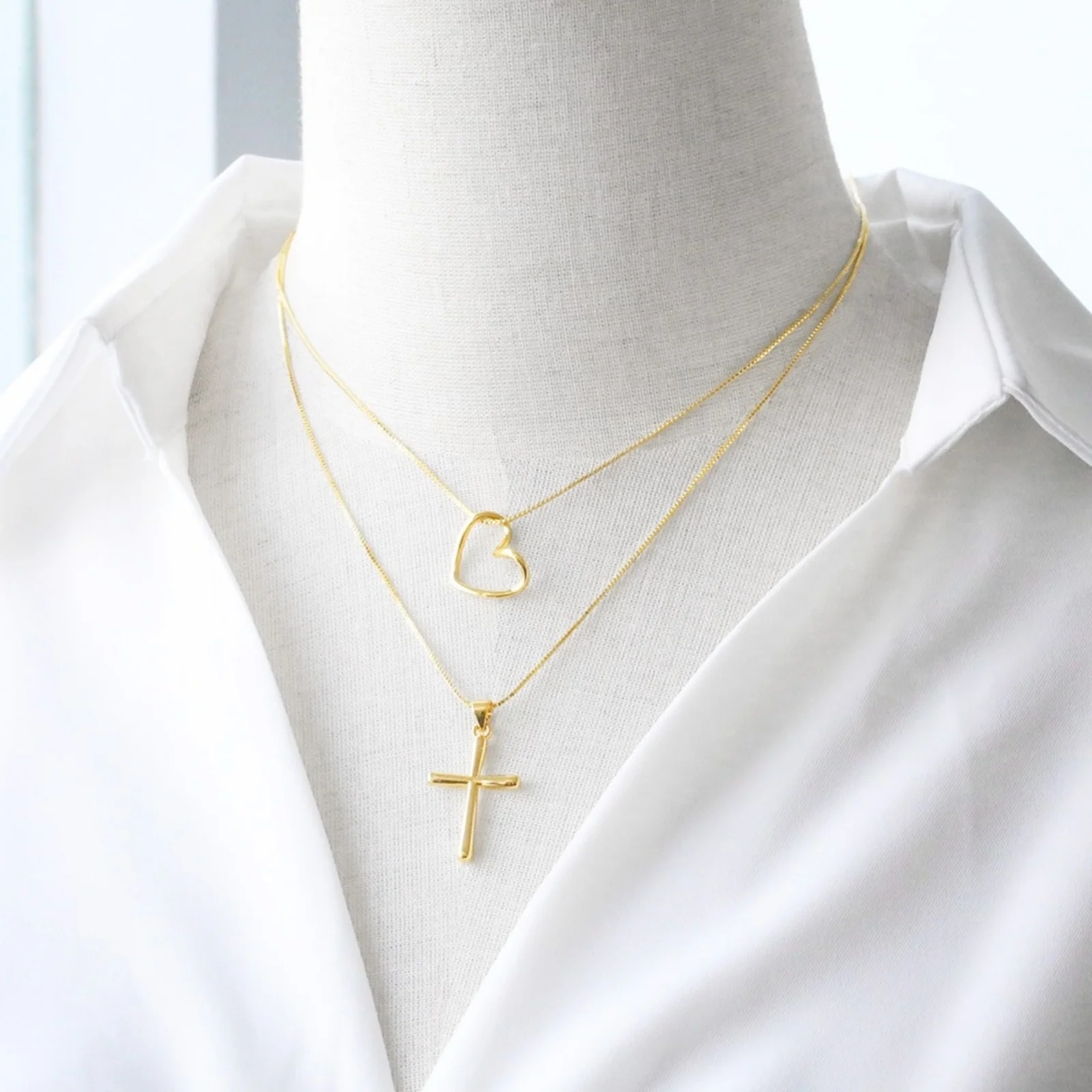 Heart Cross Pendant Charm Necklace 18K Gold Plated Brass Women's Exquisite Stylish Gift Jewelry 45cm(17.7
