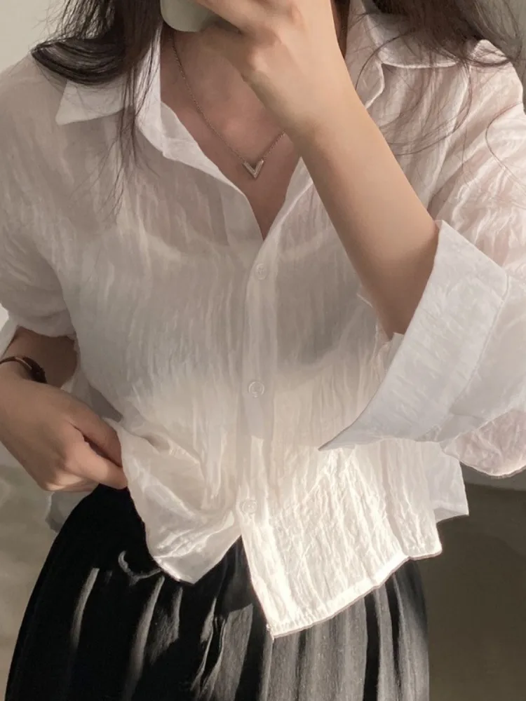 Summer Solid Blouse for Women Long Sleeve Loose Crop Tops 2024 Blusas Mujer De Moda Office Lady Casual Fashion Korean Blouses