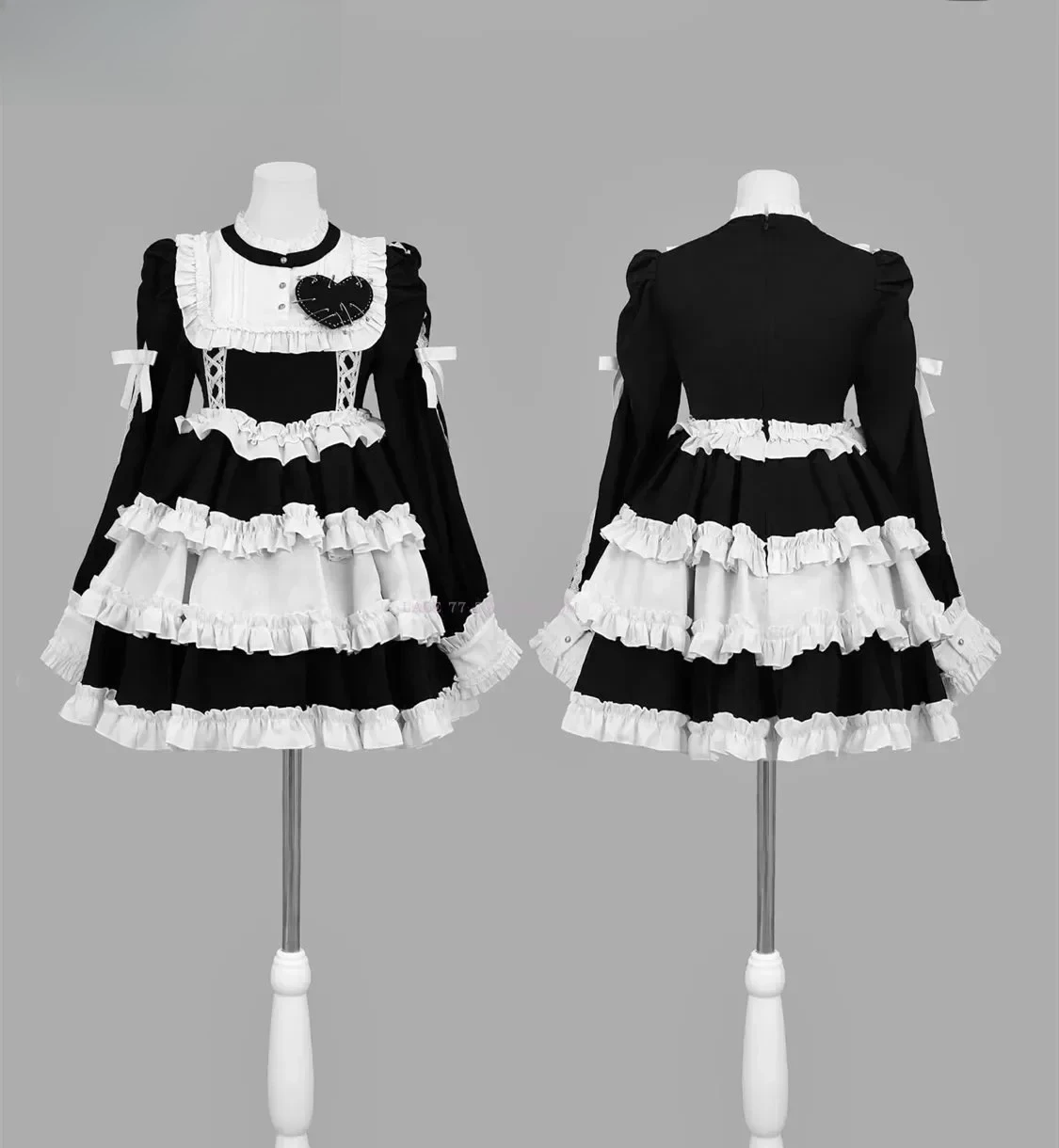

Sweet Cute Girls High Waist Splicing Long Sleeve Dresses Japanese Mines Stand-up Collar Lace Love Brooch Puffy Short Dress