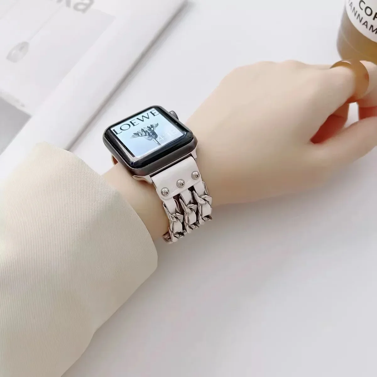 Leather+Metal Strap For Apple watch 10 9 8 7 45mm 41mm 42mm 46mm Stainless Steel Denim Chain Bracelet iWatch 6 5 4 SE 44mm 40mm