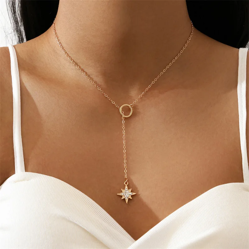 Boho Shiny Tile Sky Star Pendant Necklace 2025 Retro Simple Gold Color Metal Versatile Girl Fashion Charm Jewelry