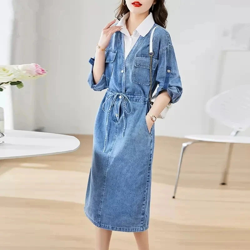 Abito da cowboy falso a due camicie per donna 2025 Primavera Autunno Nuovo manica lunga dimagrante con tasca Abito casual in denim vintage femminile