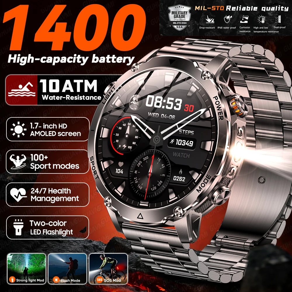 

2026 New Durable 1400mAh Large Battery Smart Watch Men LED Flashlight 10ATM Waterproof Bluetooth Call Military Sports Smartwatch