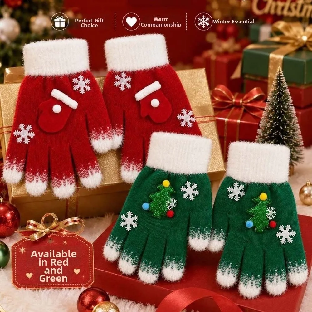Red Green Christmas Gloves Cuff Knitted Woolen Winter Knit Mittens Thick Lining Soft Texture Full Finger Gloves Gift Giving