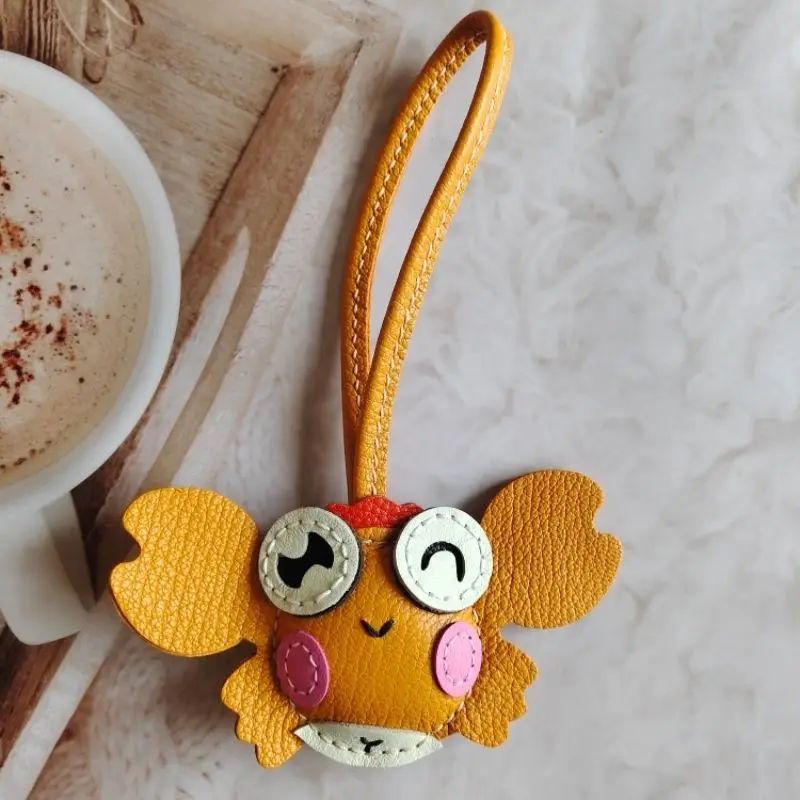 Cute Handmade Genuine Leather Small Crab Charm Bag Pendant Women's Keychain Car Hanging Ornament Couple Gift