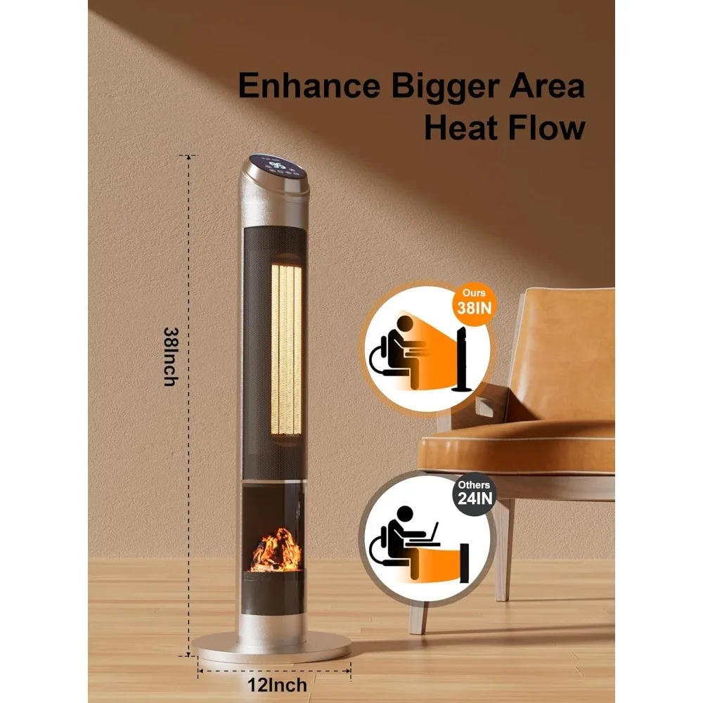 38 inch space heater, indoor portable electric heater, 1500W ceramic tower heater, adjustable thermostat, 80 ° oscillation