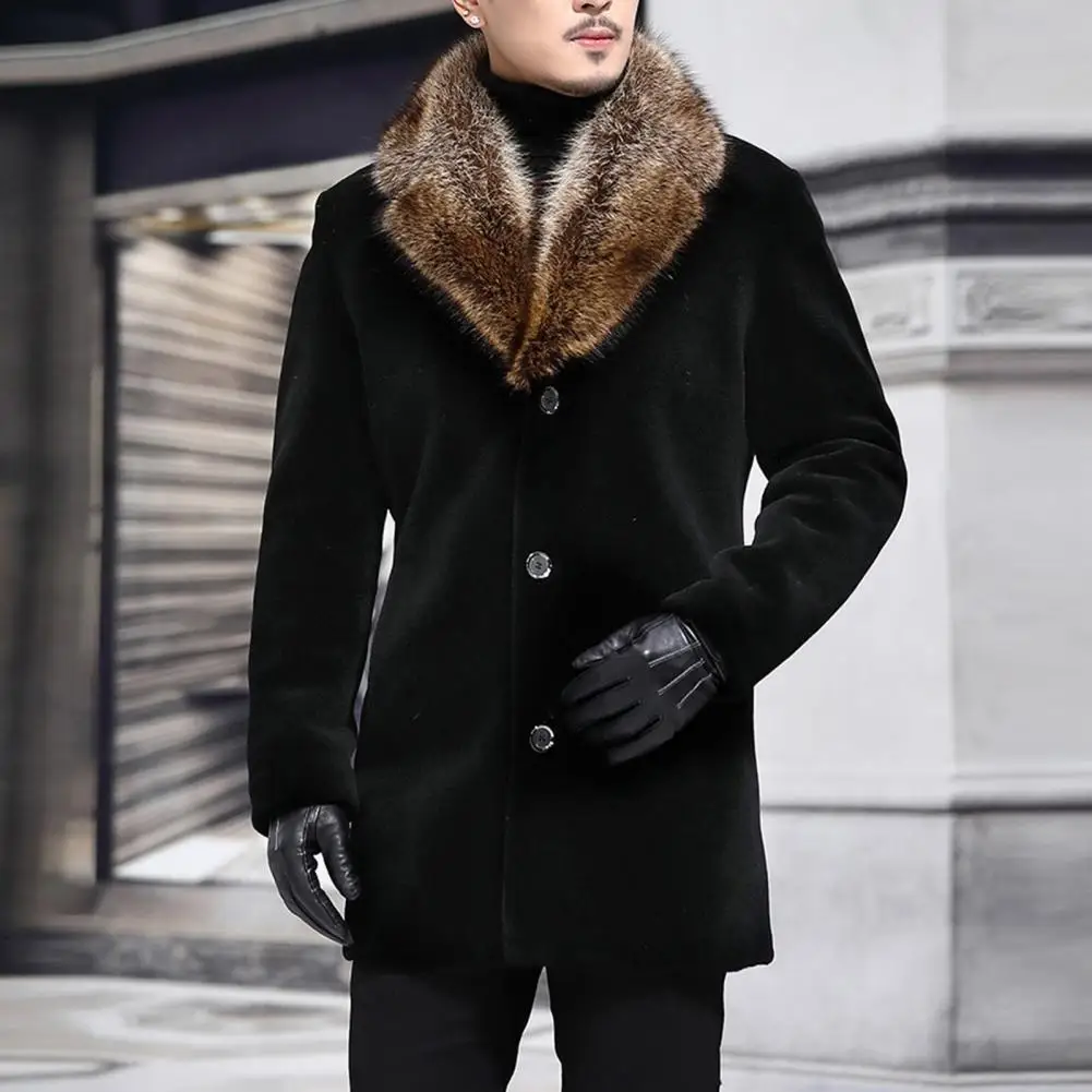 Kołnierz ze sztucznego futra Męski wełniany płaszcz Gruby wywijany kołnierz Jednorzędowy Slim Fit Wełniana kurtka męska Wiatrówka Odzież wierzchnia Płaszcz męski