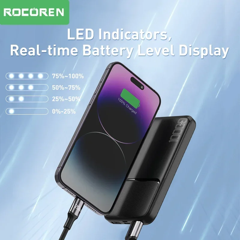 Rocoren-Banque d\'alimentation à charge rapide, chargeur portable, batterie externe, 10000 mAh, 10000 mAh, iPhone, Xiaomi Mi 13, POCO