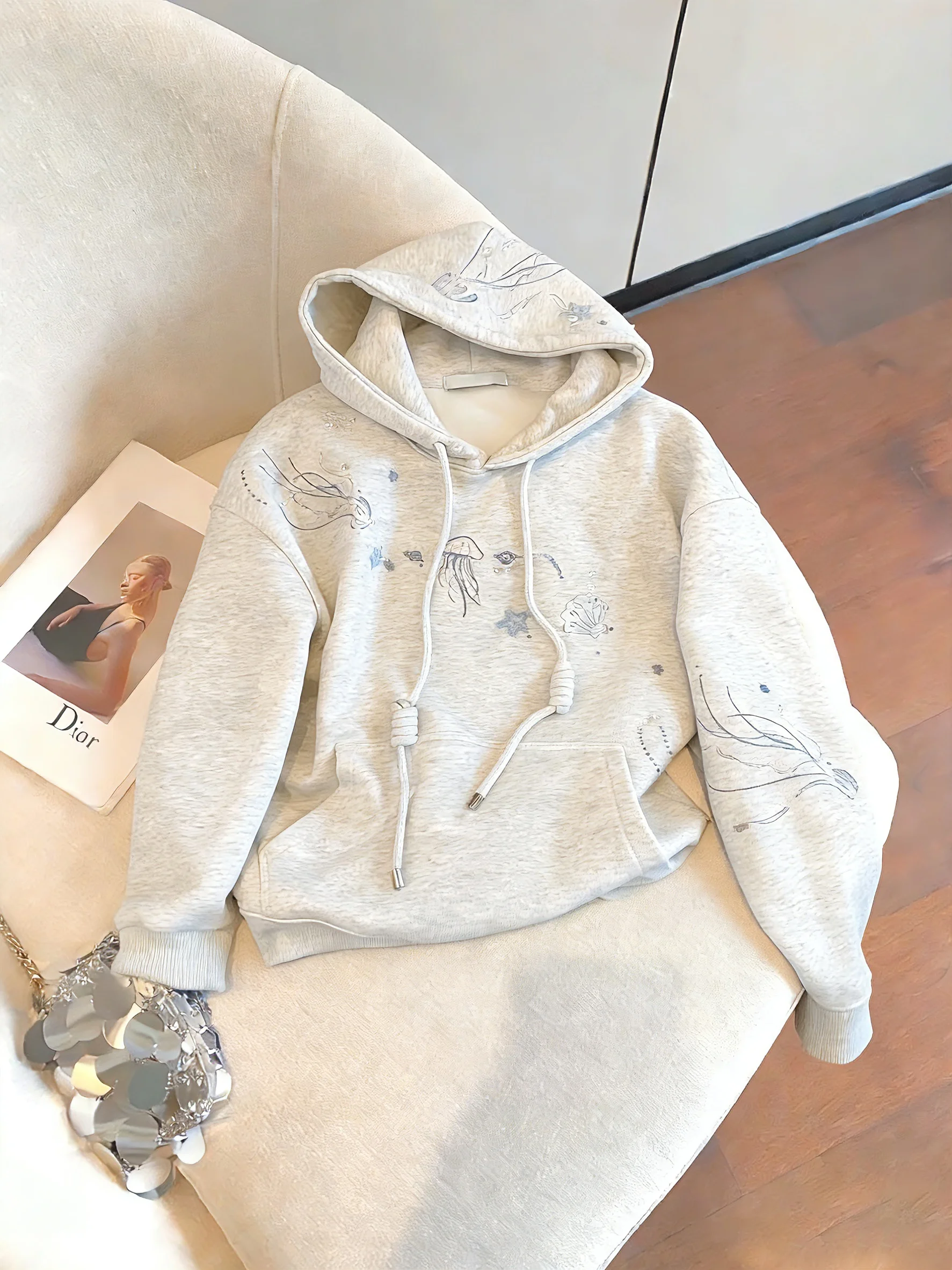 

American Sle Fun Print Dstring Hoodie Jaet Women's Spring Autumn Design Versatile Loose Overhead irt Polyester Fiber