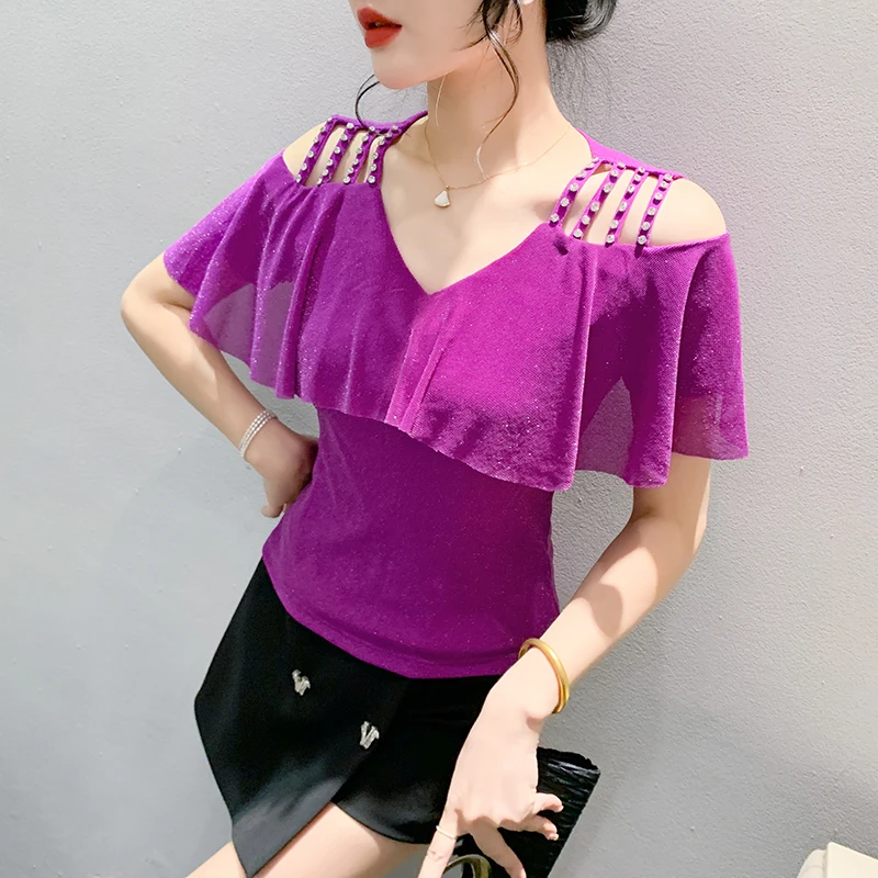 Black Summer Korean Style T-Shirt Chic Sexy Women V-Neck Hollow Out Shiny Diamonds Ruffles Tops Short Sleeve Tees 2024 New 45160