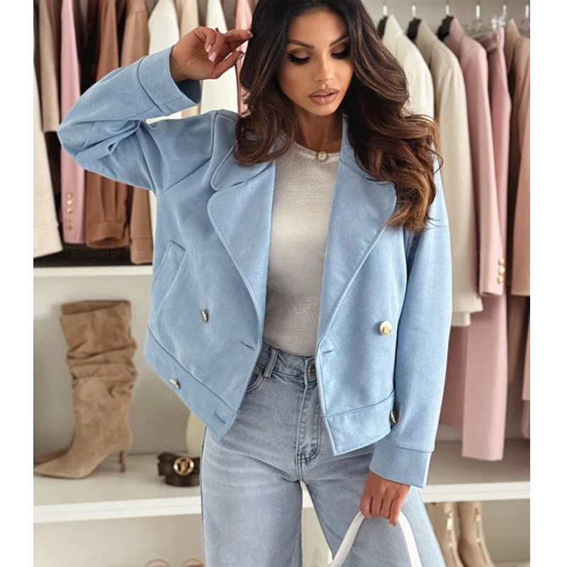 

Мода 2024, осенне-зимние женские укороченные куртки, шикарное свободное короткое пальто с лацканами, однотонная верхняя одежда, элегантная винтажная повседневная одежда