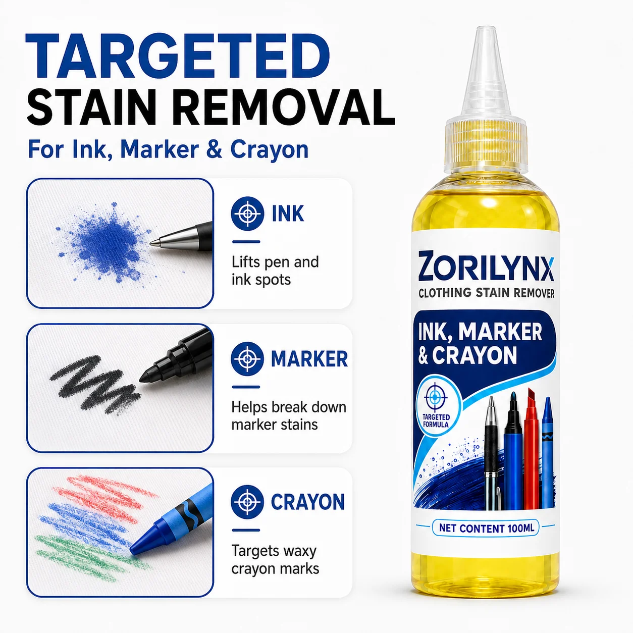 100ml Fabric Stain Remover for Pen Ink, Permanent Marker and Crayon Marks, Laundry Pretreatment Cleaner for Washable Clothes