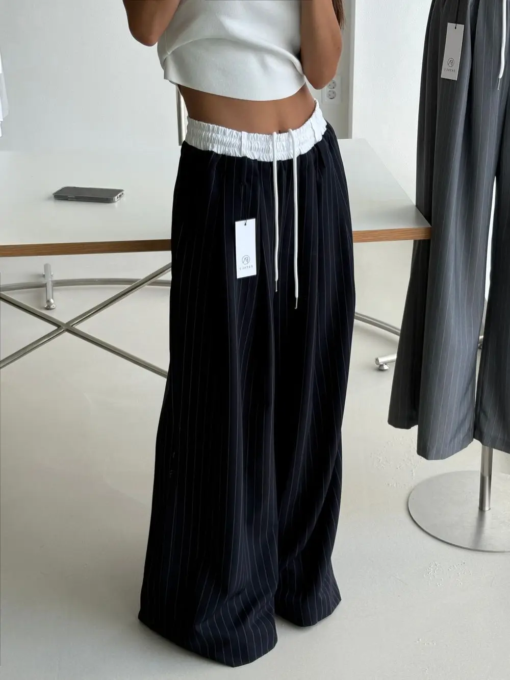 

Trendy Color Block High Waist Wide Leg Striped Suit Pants for Women Individual Personality Loose Fit Long Drapey Style
