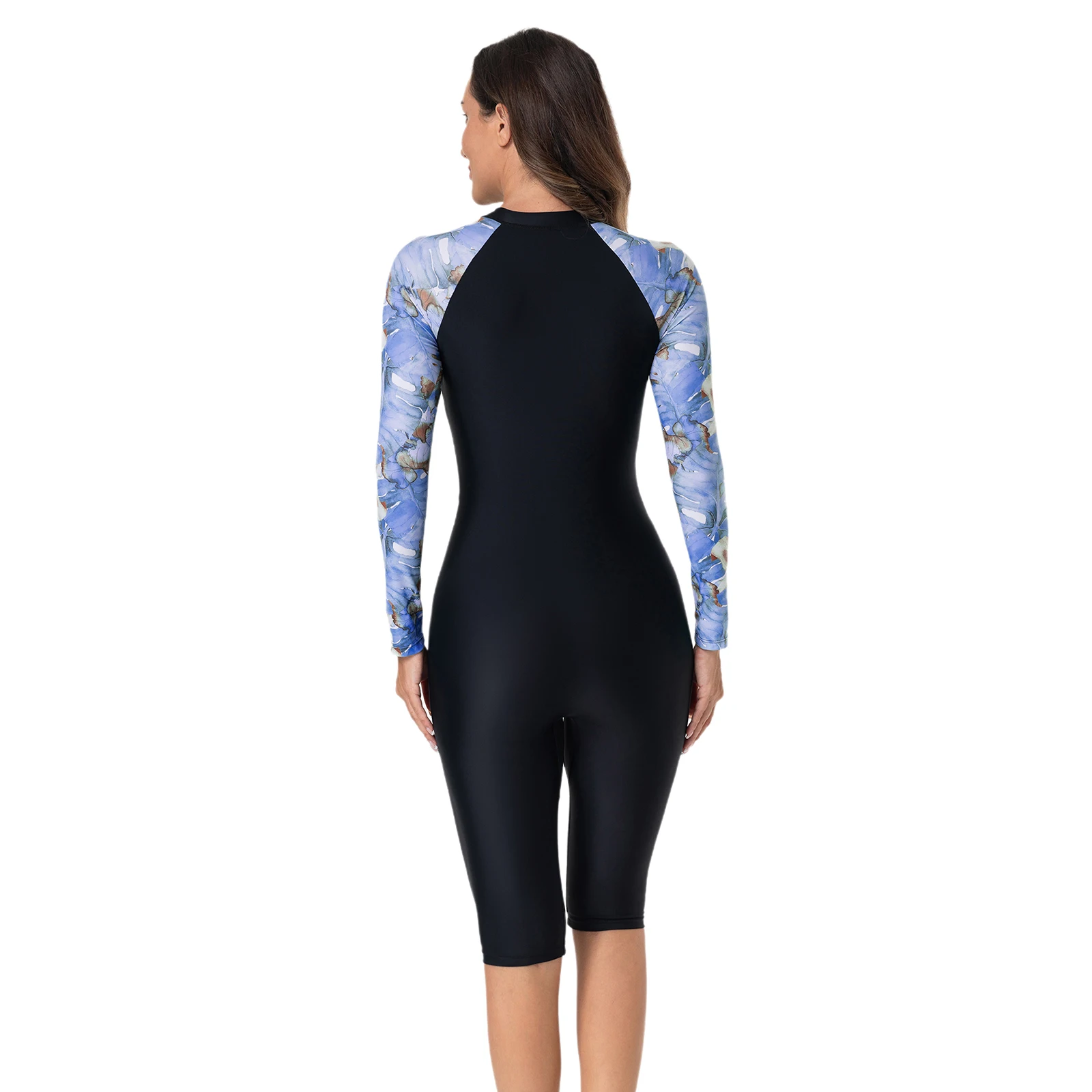 Womens Rash Guard Swimsuit One Piece Wetsuit Long Sleeves Boyleg Padded Zipper Swimwear Flower Print Sport Swimming Bathing Suit