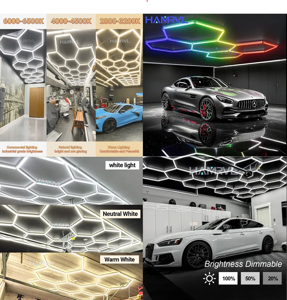 Dimmable Hexagon Garage Lights RGB Color Change 6000K/4000K/3000K LED Tube Work Barber Shop Ceiling Lighting For Car Gym Office
