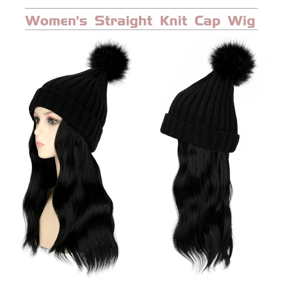 الشتاء المرأة الضلع قبعة متماسكة مع 14 '' انفصال مجعد متموج تطويلة شعر من الألياف شعر مستعار قبعة لدفء مريح وأنيق لوه