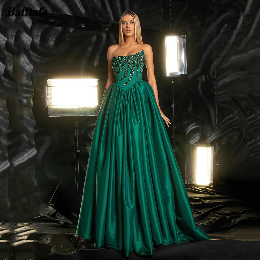 

Bafftafe Green A Line Satin Prom Dresses Beaded Crystals Formal Occasion Dress Floor Length Special Celebrity Party Gowns 2024