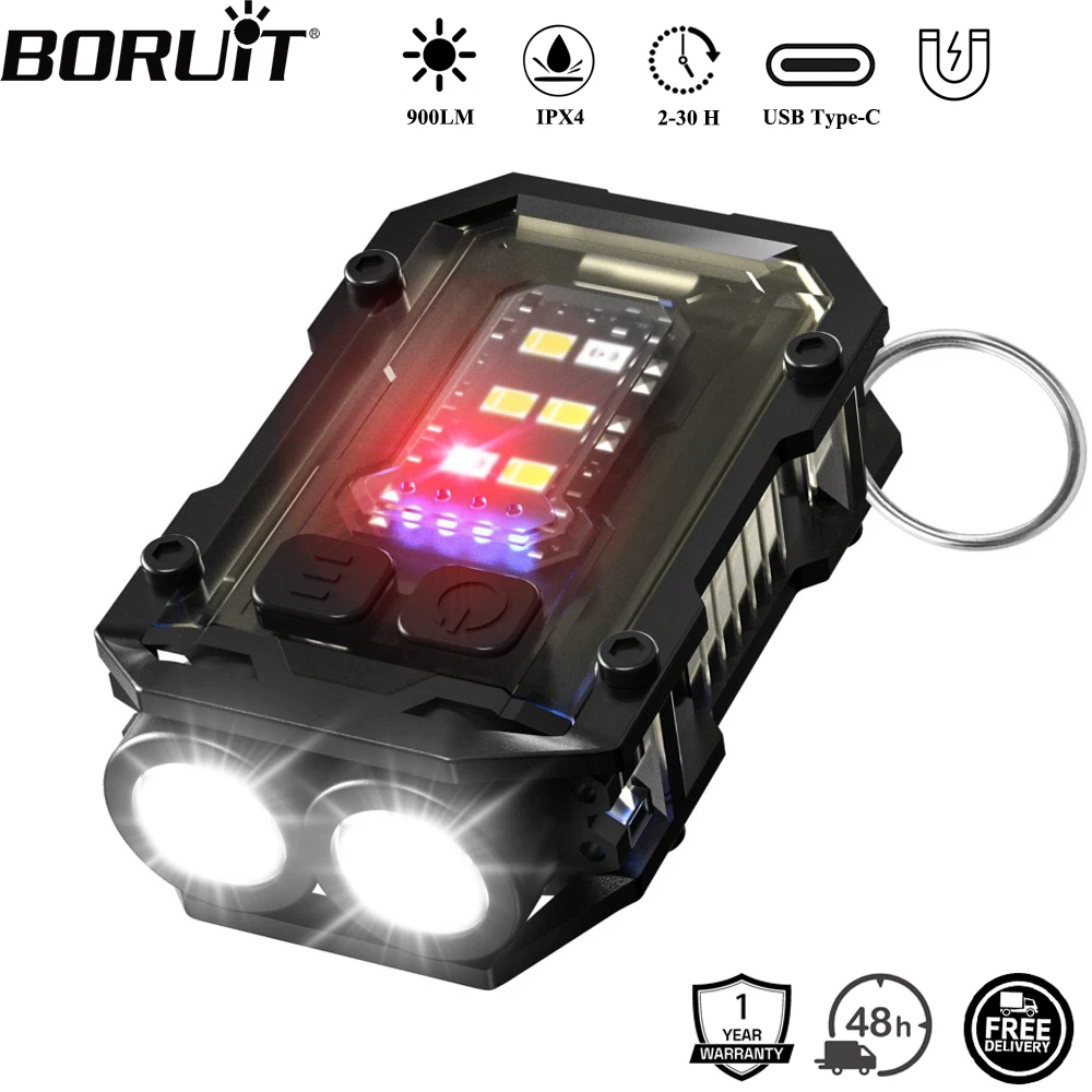 BORUiT 900LM Keychain EDC LED Flashlight Type-C Rechargeable Work Light Torch with Magnet Pen Clip Camping Pocket Lantern