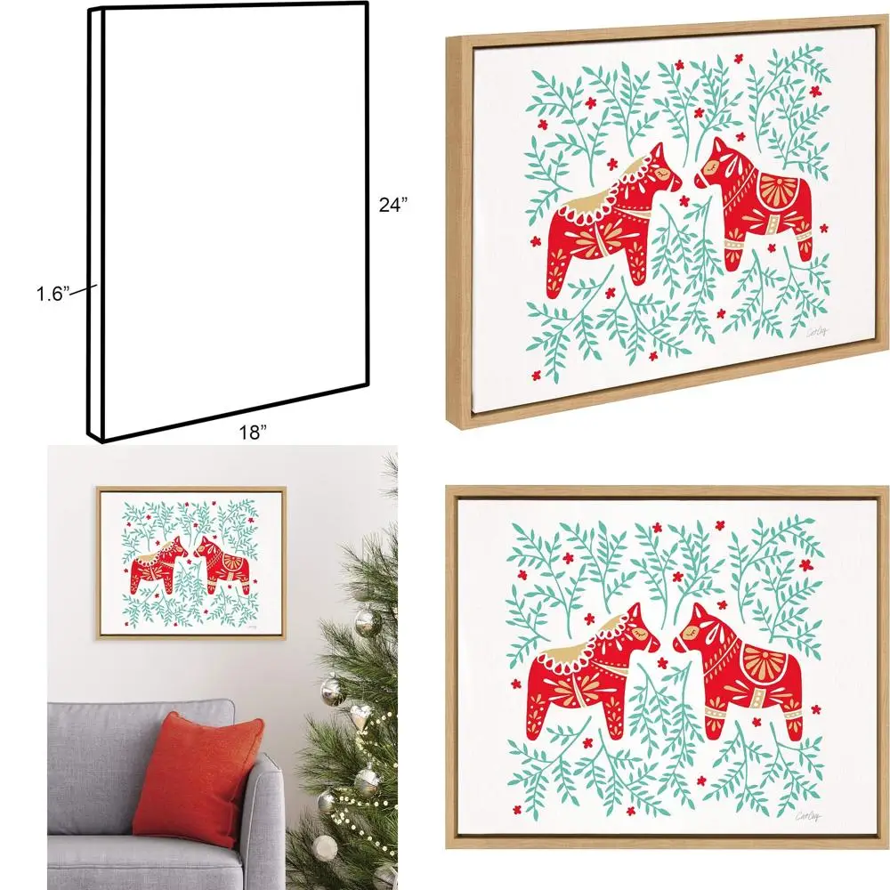 Schwedische Dala-Pferde-Leinwandkunst von Cat Coquillette, 18 x 24, natürlicher Rahmen, Weihnachtstierendekoration