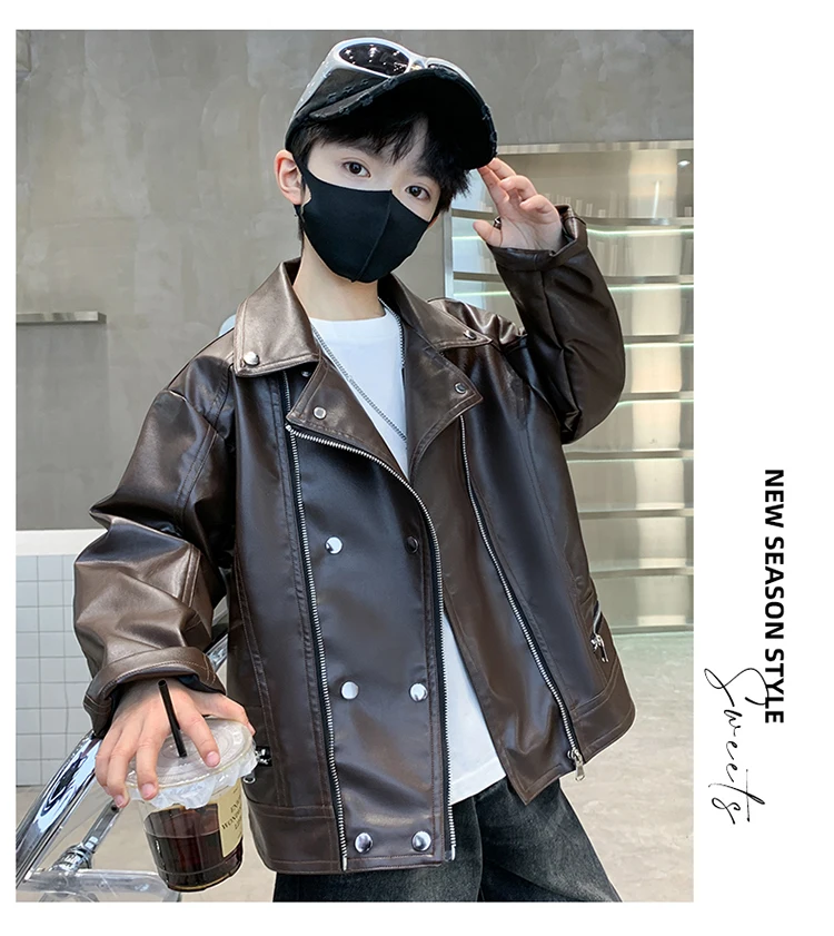 Elegante Kinder-Lederjacke für Teenager-Jungen im koreanischen Stil, schmal geschnittener PU-Ledermantel mit Reißverschluss, modische Frühlingskleidung für Kinder. – Detail 7
