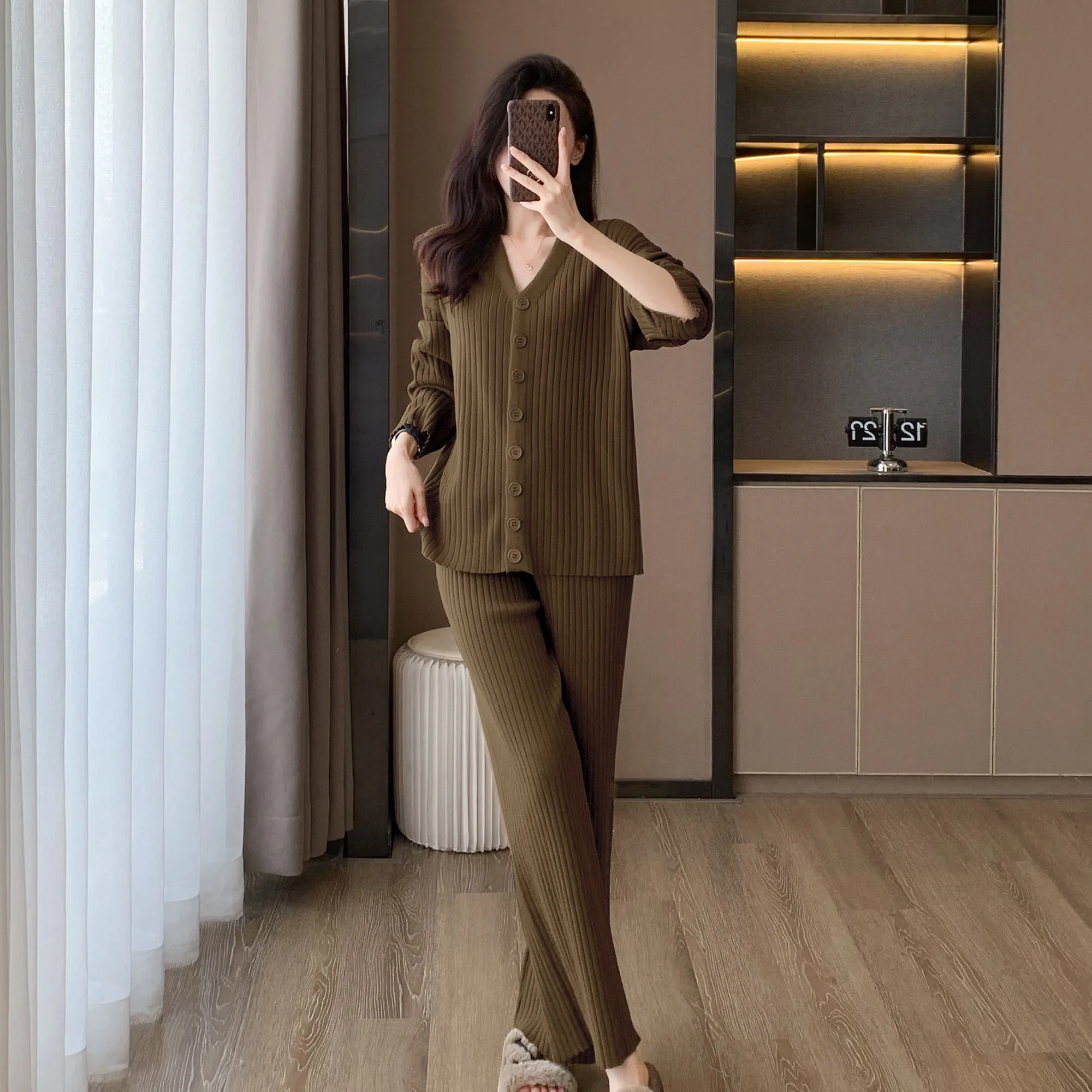 Elegant Autumn Coffee Knitted Pants Suits New Women V Neck Single Breasted Loose Sweater Cardigan Tops + Wide Leg Trousers Sets