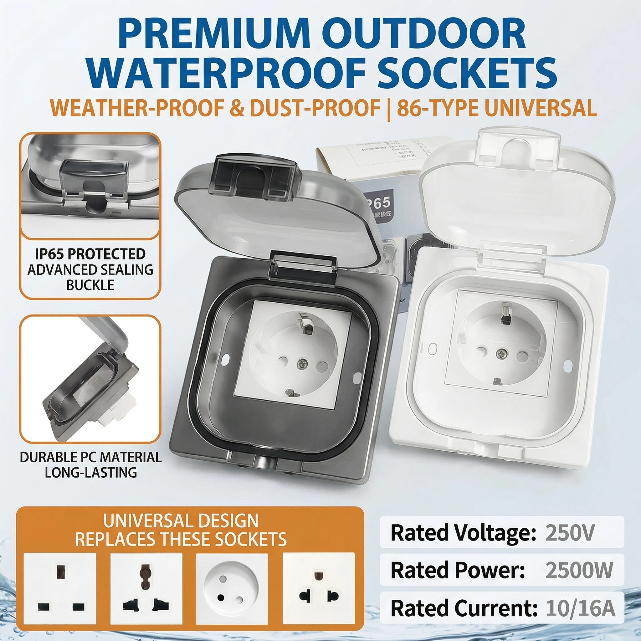 

IP65 Waterproof Recessed Wall Socket,16A 250V US/Thai Style 10A Receptacle,86-Type Weatherproof Outlet for Bathroom &Outdoor Use