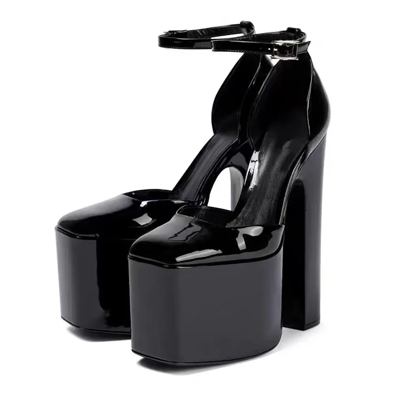 

Platform Buckle Thick Heel Sandals Square Toe Patent Leather High Heels Large Size Catwalk Pumps Women Shoes Sandalias Mujer
