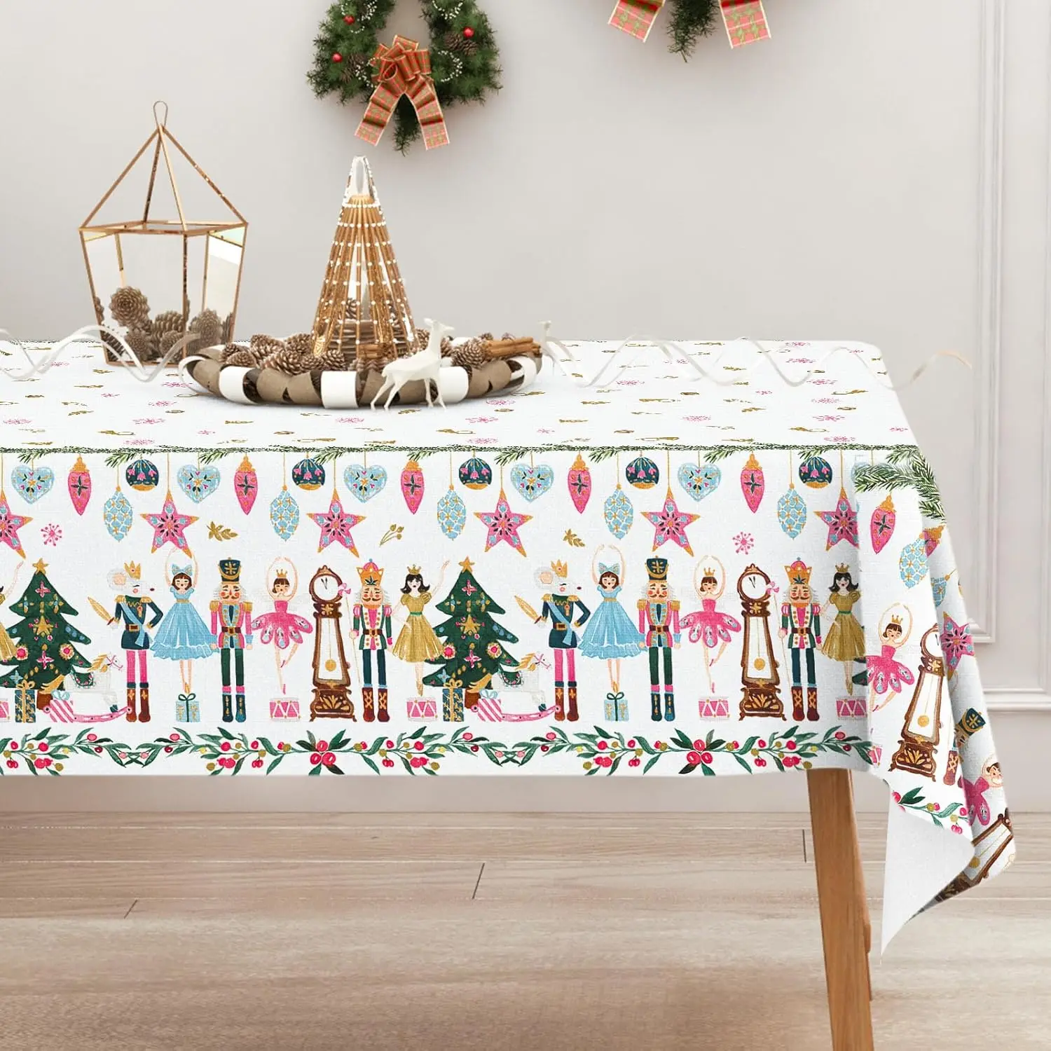 Christmas Nutcracker Xmas Tree Ball Waterproof Tablecloth Table Decor Winter Xmas Kitchen Dining Tablecloth Christmas Decoration