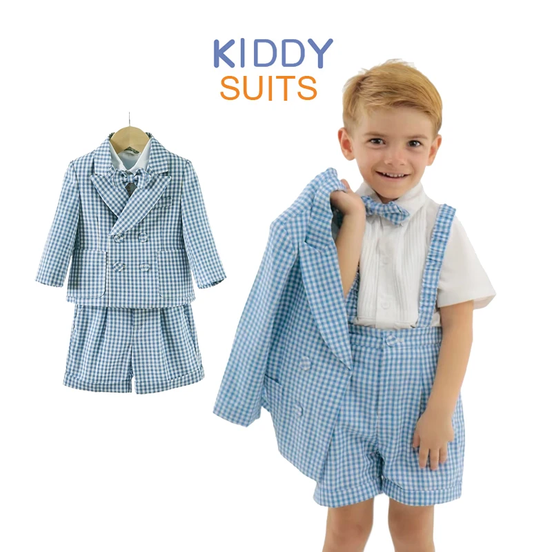 

Boys Clothes Set Sky blue Lattice For Kids Suit Birthday Little Boy Gentleman Outfit Formal Suits 4 pcs Spring summer thin style