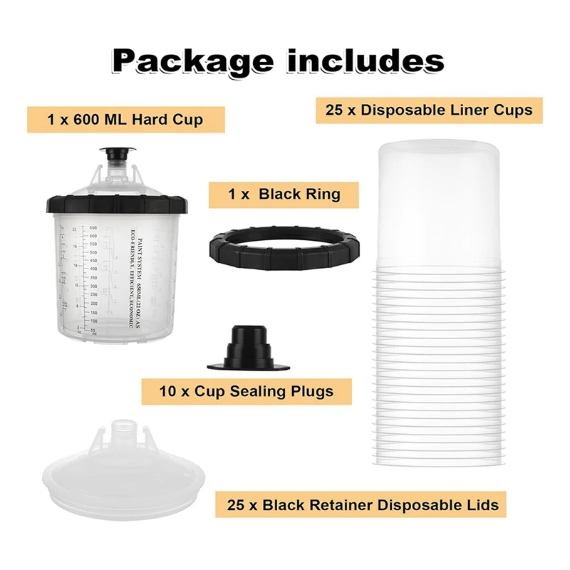 Tazza di miscelazione per spruzzatore di vernice usa e getta da 25 pezzi per pistola per verniciatura automobilistica, kit per pistola per verniciatura a vernice da 20 OZ (600 ml) durevole e facile da installare