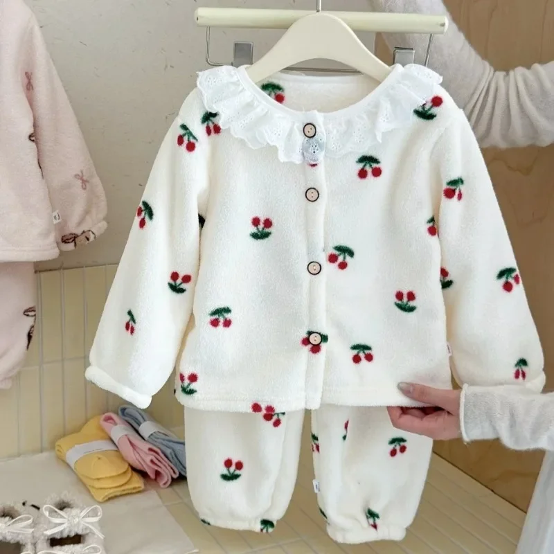 Girls Fleece Pajama Set Cute Heart Cherry Print Lace Collar Button Down Top and Pants Kids Winter Warm Sleepwear Homewear 1-12Y