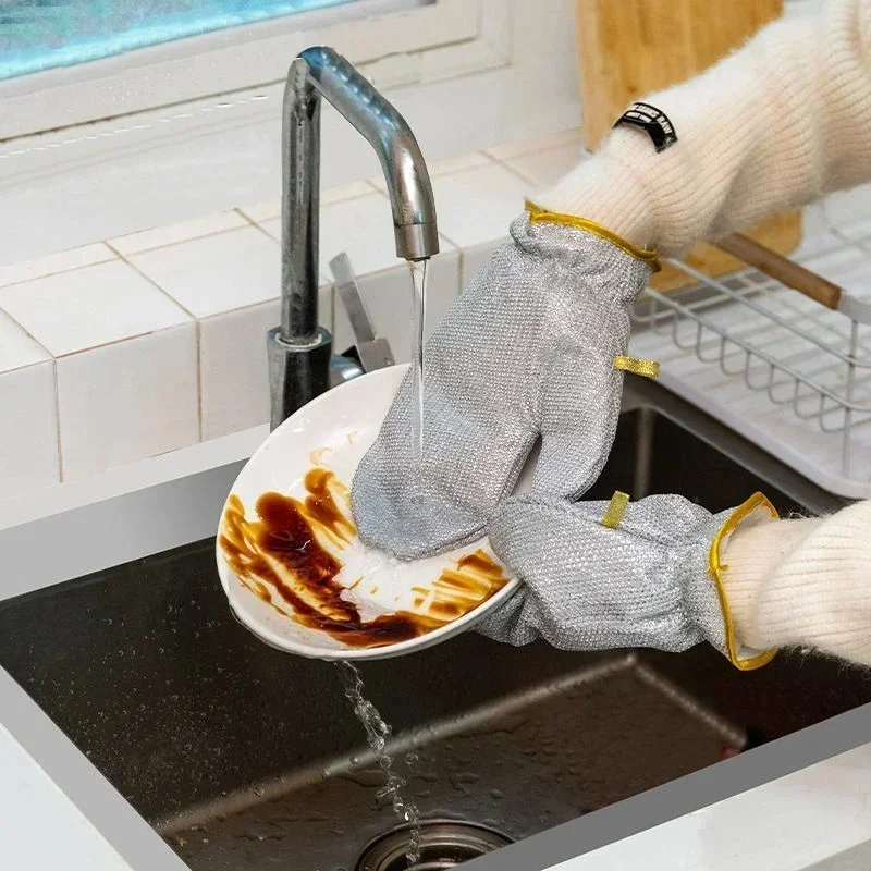 Kitchen Cleaning Gloves Steel Wire Ball Dishwashing Gloves Waterproof Brush Oil Bowl Artifact Household Cleaning Gloves 4/1Pcs