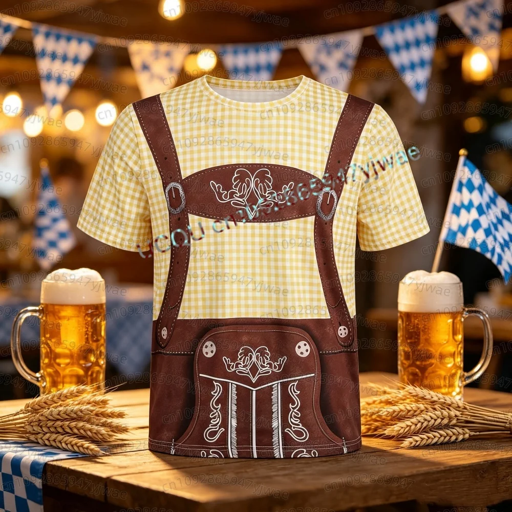 2026 Men's Oktoberfest T-Shirt 3d Printed Fake Lederhosen Fake Suspender Short Sleeve Top Beer Festival Kids Adult T-Shirt