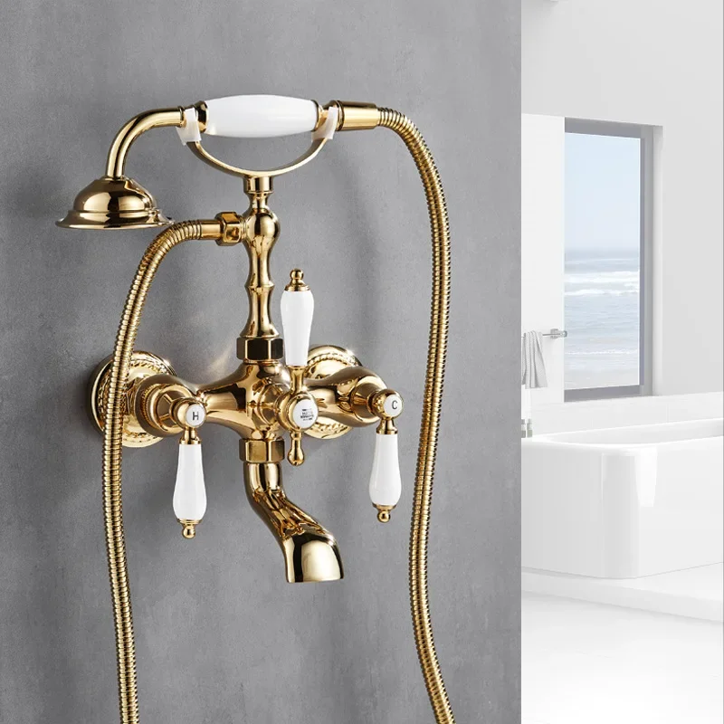 WEPICK-Antique Brushed Brass Bath Faucets, parede montada bacia do banheiro, torneira misturadora, guindaste com chuveiro de mão