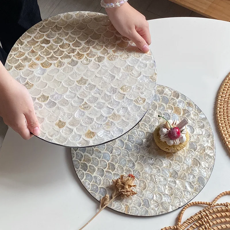 

American rattan circular shell creative storage home living room coffee western dining mat light luxury retro tray round