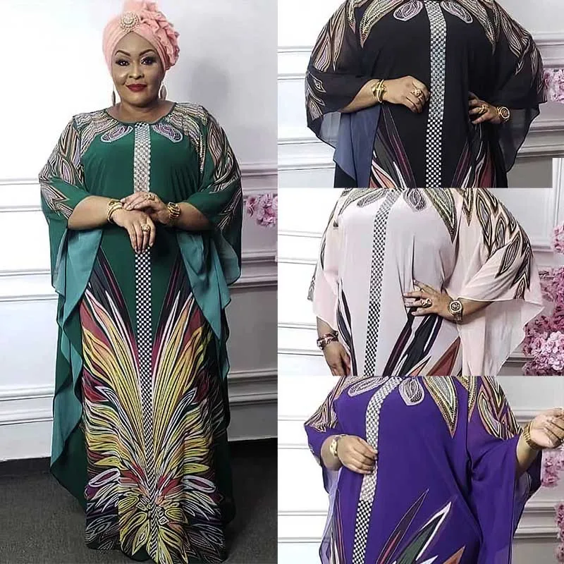 African Chiffon Dresses For Women 2022 Muslim New Floral O-neck Muslim Novelty Femme Robe Maxi Abayas Nigerian Loose Dress 2 Pcs