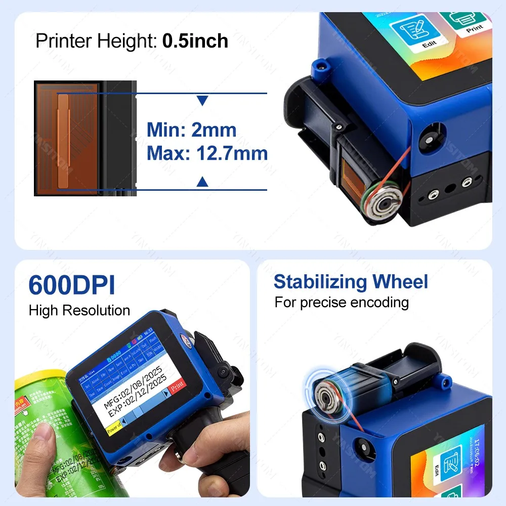 12.7mm Handheld Inkjet Printer Mini Portable Batch Code Date Number Logo Expiry Date Label Printer with 25 Languages Ink Ribbon