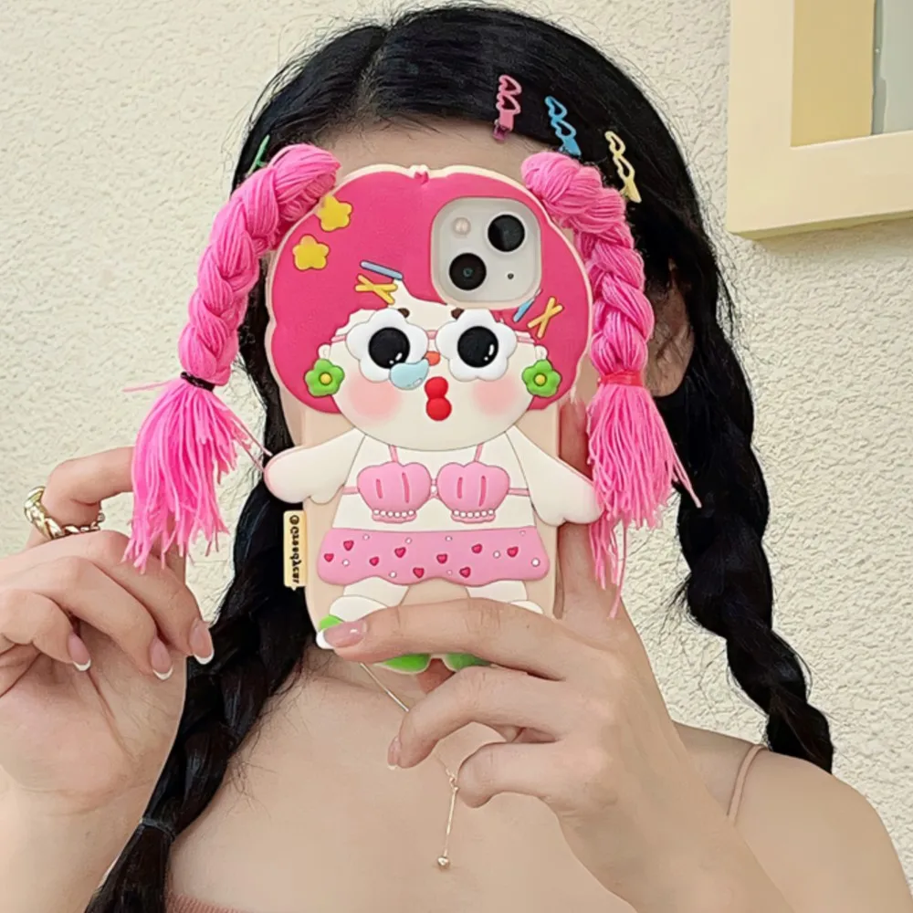 3D Stereoscopic Snot Girl Braiding Suitable For iPhone 16 15 Pro Max Phone Case 14 13 12 11 Silicone Fall Protection Case