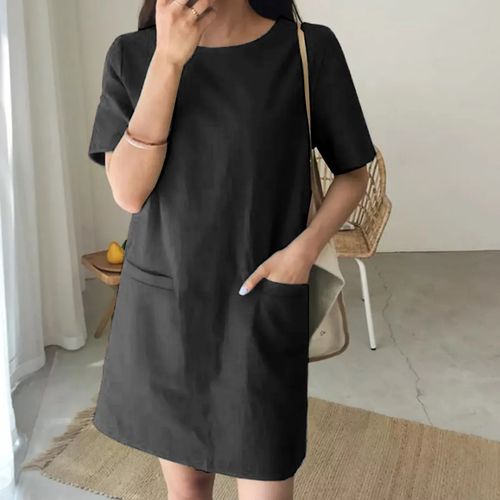 

Summer Women Dress Casual Loose Short Sleeve Oversize Solid Mini Dress Cotton Linen Dresses For Women Vestidos De Mujer