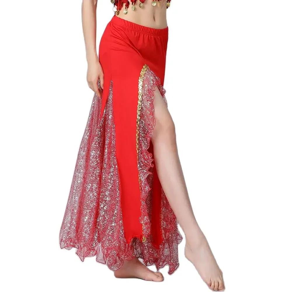 Women Belly Dancing Sequin Skirt Lady High Split Sexy Dance Skirt Shiny Dance Practice Performance Slit Skirt Floor Length