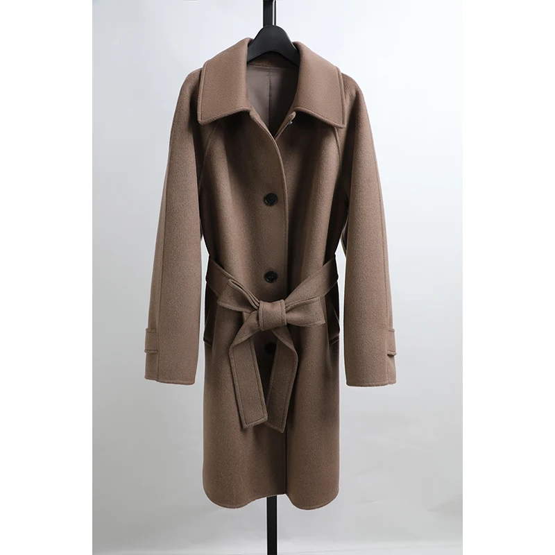 

Двустороннее шерстяное пальто с поясом и отложным воротником, ручная работа, женская верхняя одежда от Awei, осенне-зимняя коллекция