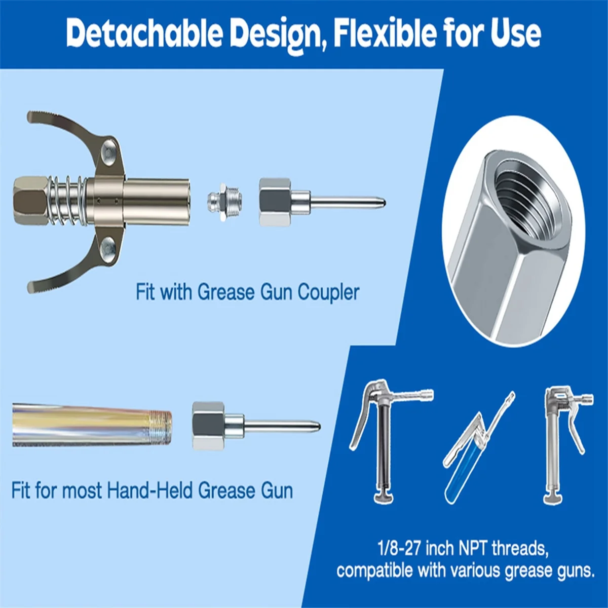 Narrow Needle Nozzle Grease Adapter with Hardened Steel Tip, Needle Nose Grease Dispenser with 1/8 Inch NPT Thread