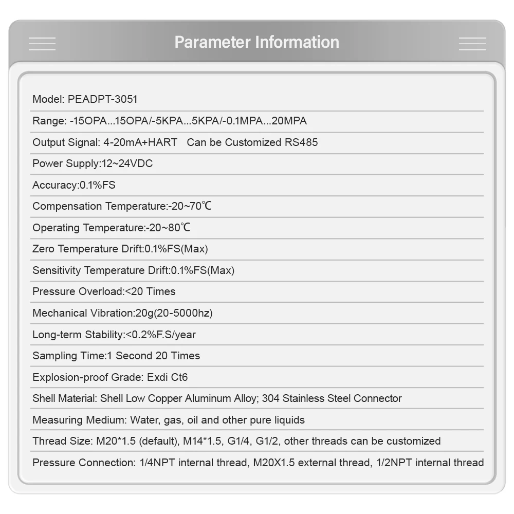 3051 Intelligent Micro Explosion-proof Differential Pressure Transmitter Transducer Sensor 4-20mA Hart 0.1% FS High Precision