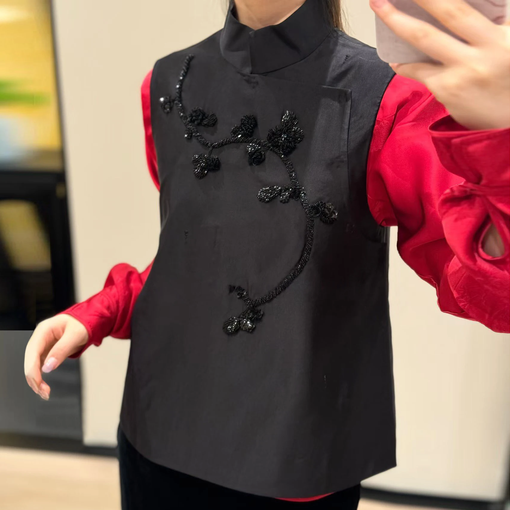 

Китайская куртка ручной работы с вышивкой бисером для женщин, повседневная, с длинными рукавами, воротником-стойкой, верхняя одежда