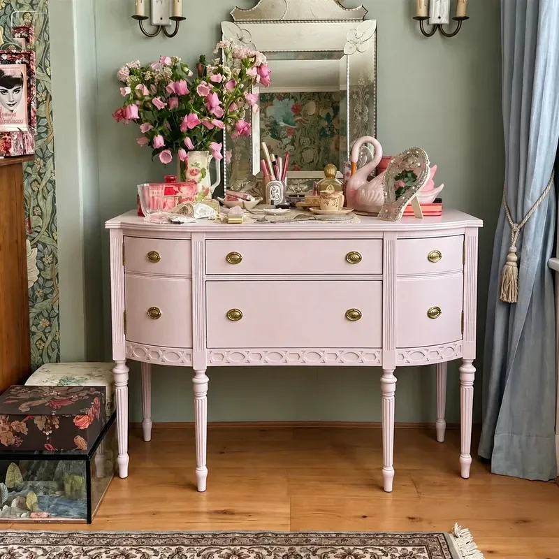 Retro Pink Solid Wood Entrance Cabinet American Light Luxury Small Apartment Storage Living Room Curved Decorative Console