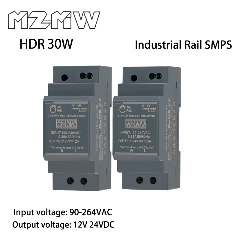 HDR zasilacz impulsowy na szynę DIN seria 30W AC na DC 100-240VAC 12V 24VDC transformator przemysłowy sterownik oświetlenia